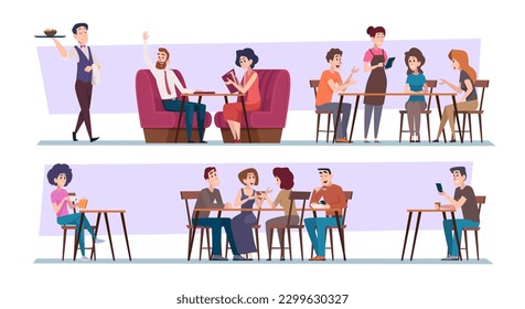 Friends meeting. Couples male and female seating in restaurant dinner relax time exact vector illustrations