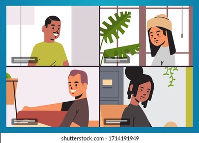 Friends meeting during video call stay and work from home Covid-19 pandemic coronavirus quarantine concept people having virtual fun live conference horizontal vector illustration