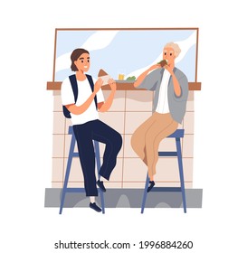 Friends meeting and eating out together. Young men sitting on bar stools with street food in summer cafe. Lifestyle scene of modern people with fastfood. Flat vector illustration isolated on white