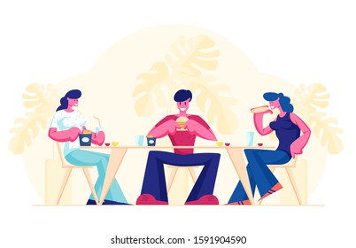 Friends Meeting in Fastfood Cafe or Bar. Company of Young People Having Meal in Modern Restaurant Eating Fast Food, Communicating, Chatting, Spending Time on Weekend. Cartoon Flat Vector Illustration