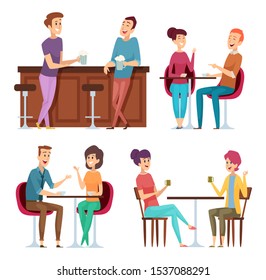 Friends meeting. Happy group people relaxing in cafe restaurant bar meeting sitting and smiling friends vector characters