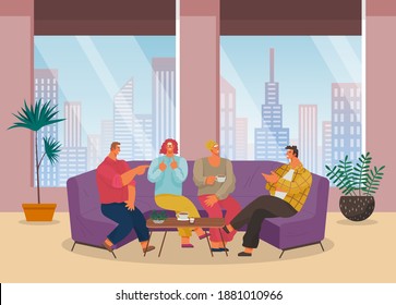 Friends meeting, happy people communicating relaxing in cafe or restaurant, women and men talking, drinking coffee or tea, spend leisure time with friends indoors, window with city buildings
