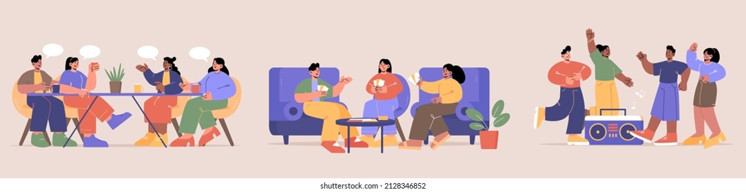 Friends meeting, hobby diversity, happy people communication, spare time. Young men and women playing board games at home, dance near tape recorder together, chatting in cafe, Line art vector set