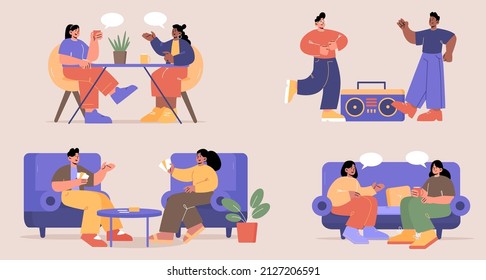 Friends meeting for hobby, play card game, talking, drink tea or coffee together. Vector flat illustrations of multiracial people have fun sitting in cafe, on sofa at home and dance