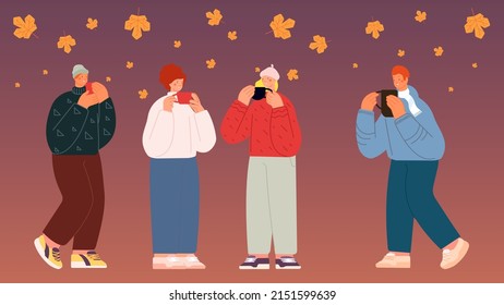 Friends meeting with hot beverages. Autumn characters stand together under falling leaves. Happy fall seasonal girls and boys, vector teens drinks