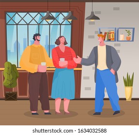 Friends meeting at house, home reception of couple. People talking and drinking water from cups. Housewarming party or holiday celebration. Interior design of living room vector in flat style