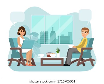 Friends meeting on amicable dinner, people chatting cozy cafe isolated on white, flat vector illustration. Character male female sitting with chat box, design cross gender communication.