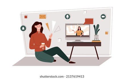 Friends meeting online. Girl communicates via video link with her friend. Social networks, modern technologies and remote communication. Discussion of latest news. Cartoon flat vector illustration