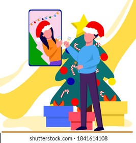 Friends Meeting Up Online. Party From Home Via Videocall. New Year, Christmas. Virtual Discussing On Christmas Holiday Concept. Cute Flat  Vector Illustration