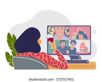 Friends Meeting Online Together And Have Fun. Woman Chatting  While Sitting In Front Of The Screen With A Glass Of Wine. Vector Hand Drawn Illustration. Flat Cartoon Characters