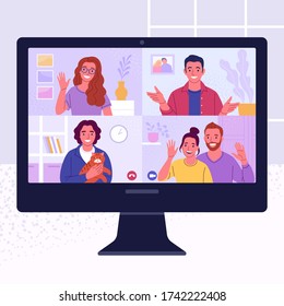 Friends meeting online. Vector illustration in trendy flat style of computer screen with young people talking during a video call. Isolated on background