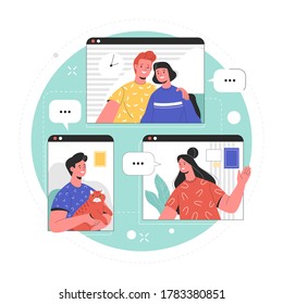 Friends meeting online. Vector illustration in trendy flat style of computer and smartphone screens with young people talking during a video call. Isolated on background