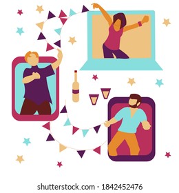 Friends Meeting Up Online Virtual Dance Party. Vector Illustration