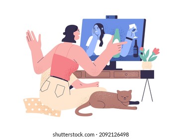 Friends meeting online. Women with beer and wine chat during video call. Happy female talk to girlfriend on screen. Virtual communication concept. Flat vector illustration isolated on white background