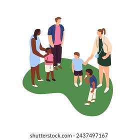 Friends meeting outdoor. Families communicate in park. Parents introduce shy children. Kids dating to play, have fun together. Summer walk at nature. Flat isolated vector illustration on white