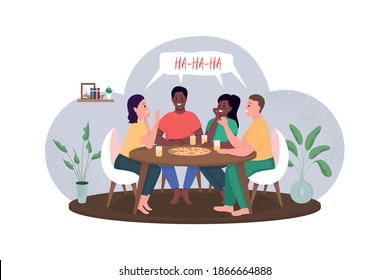 Friends meeting over pizza, flat color vector with detailed characters. Invite for dinner at home. Men and women. Evening double date concept isolated cartoon illustration for web graphic design and animation