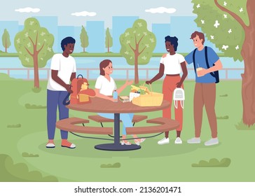 Friends meeting for picnic in park flat color vector illustration. Modern urban lifestyle. Public area with picnic table. Teenagers 2D simple cartoon characters with landscape on background