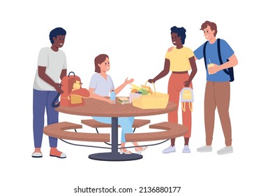 Friends meeting for picnic semi flat color vector characters. Posing figures. Full body people on white. Picnic table simple cartoon style illustration for web graphic design and animation