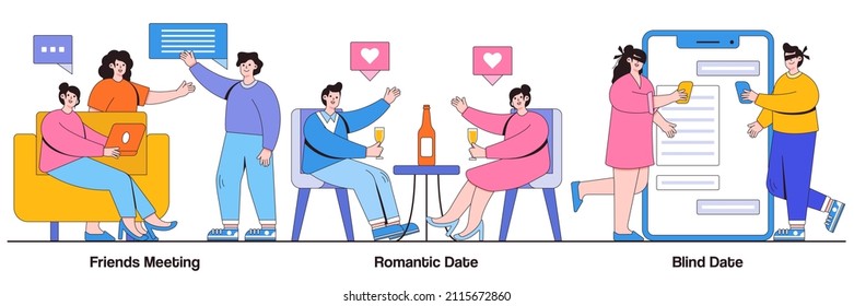 Friends meeting, romantic and blind date concept with tiny people. Hangouts vector illustration set. Leisure time, soul mate, romantic relationship, love story, Valentine day, restaurant metaphor.