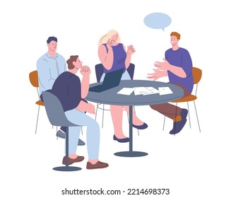 Friends meeting at round desk. Managers conference, morning office time management. People group listen professional man, vector business concept