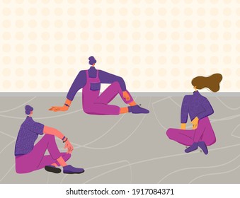 Friends Meeting. Staycation. Three Young Women Sitting On Floor. Adult Characters On Group Psychotherapy. Female Persons Wearing In Casual Clothes Talking Each Other. Vector Flat Illustration. 