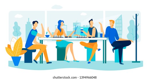 Friends Meeting in Sushi Bar. Company of Young People Having Meal in Modern Japanese Restaurant, Communicating, Chatting, Spending Leisure Time Together on Weekend. Cartoon Flat Vector Illustration