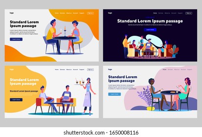 Friends meeting and talking set. Dating couple, drinking alcohol, eating. Flat vector illustrations. Communication, cafe, bar concept for banner, website design or landing web page