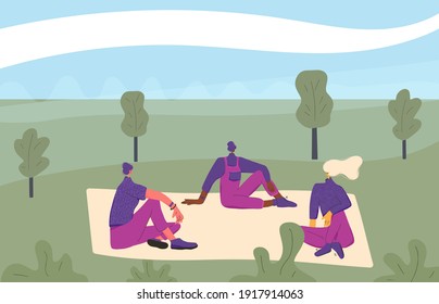 Friends meeting. Three young women sitting on floor. Adult characters gathered for a picnic and resting. Female persons wearing in casual clothes talking each other. Vector flat illustration. 