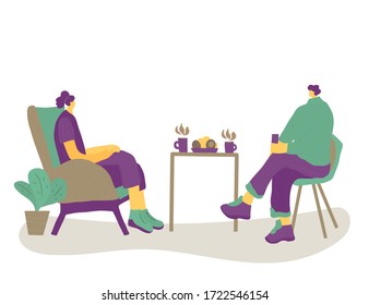 Friends meeting. Two charcters drinking tea together. Male and female persons sitting in the chair and talking about life. Man and woman having a conversation. Vector illustration.