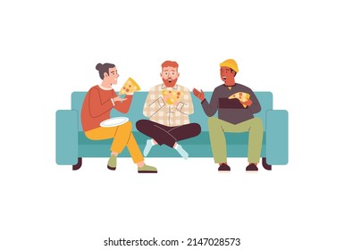 Friends Men Sitting On Couch And Eating Pizza Together At Home Flat Vector Illustration Isolated On White Background. People Eat Homemade Or Takeaway Pizza.