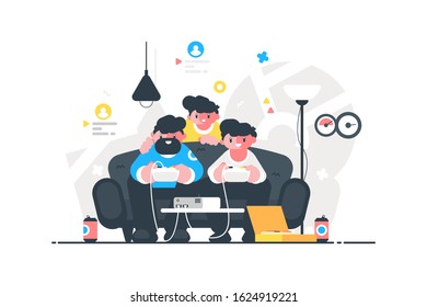 Friends men sitting on cozy couch and playing video games vector illustration. Professional computer gamers flat style. Entertainment and play like pro concept