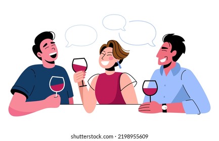 Los amigos se encontraron en un bar, hablando, bebiendo vino, riendo y pasándola bien. Ilustración vectorial de una empresa de personas