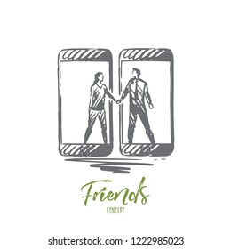 Amigos, móvil, red, conexión, concepto de gadget. Los amigos dibujados a mano se comunican a través del boceto conceptual del teléfono móvil. Ilustración vectorial aislada.