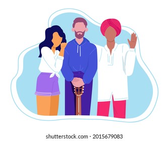 Amigos. Grupo multicultural de gente sonriente feliz parados juntos con guitarra y bienvenida. Equipo de estudiantes americanos, asiáticos, europeos. Ilustración vectorial de dibujos animados.