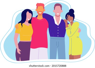 Friends. Multicultural group of happy smiling people standing together and hugging. Team of american, african, asian, european students. Cartoon vector illustration.