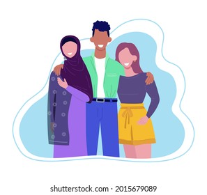Friends. Multiethnic group of happy smiling people standing together and hugging. Team of american, african, asian, european students. Cartoon vector illustration.