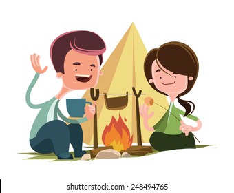 Friends next to camping fire vector illustration cartoon character