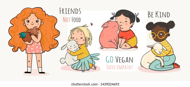 Friends not food. Be kind go vegan. Cruelty free logo. Vegan concept. Cute little girls with various animals. Set of hand drawn vector colored trendy illustrations. Flat design. Everything is isolated