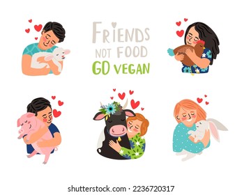 Friends not food. Go vegan. Little kind kids hug small baby animals and shows their love to them. Nature respect concept and vegan. Vector illustration about friendship between people and animals