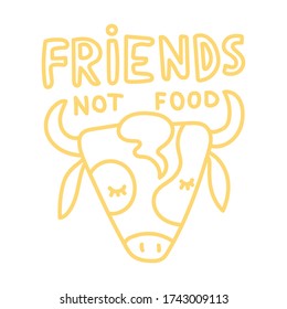 Friends not food. Vector elements for labels, logos, badges, stickers or icons. Calligraphic and typographic collection. Vegan menu. Sad Cow