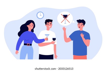 Friends Offering Alcohol To Non-drinking Guy. Flat Vector Illustration. People With Glasses Resting In Evening, Drinking In Company Of Sober Friend. Sobriety, Alcoholism, Diet, Addiction Concept