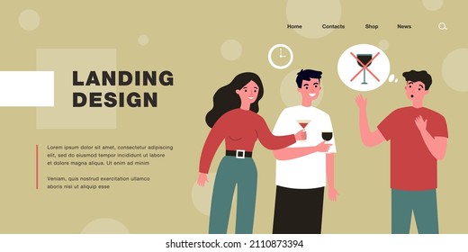 Friends offering alcohol to non-drinking guy. Flat vector illustration. People with glasses resting in evening, drinking in company of sober friend. Sobriety, alcoholism, diet, addiction concept