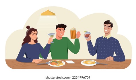 Amigos en el bar. Hombres y mujeres con alimentos y bebidas alcohólicas. Cafetería o pub, descanse después del trabajo y estudie. Afiche publicitario o banner para sitio web con hora feliz. Dibujo vectorial plano de dibujos animados