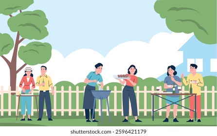 Friends on bbq. Happy couples cooking and eating barbeque, drinking wine. Outdoor seasonal party with food, family freetime on backyard, recent vector scene