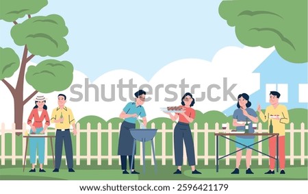 Friends on bbq. Happy couples cooking and eating barbeque, drinking wine. Outdoor seasonal party with food, family freetime on backyard, recent vector scene
