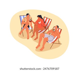 Friends on beach chaise loungers. People sunbathing and relaxing on sunbeds. Summer recreation with cocktails, enjoying vacation at sea resort. Flat vector illustration isolated on white background