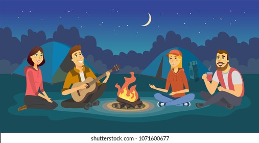 Friends On A Camp - Cartoon People Character Isolated Illustration. Happy Smiling Men And Women Sitting By A Fire At Night, Singing Songs, Playing Guitar, Drinking Tea