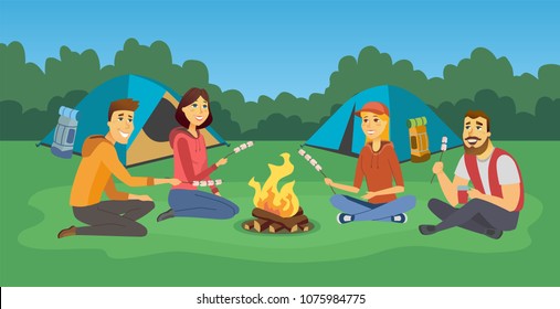 Friends on a camp - cartoon people character isolated illustration. Happy smiling men and women sitting by a fire, preparing marshmallows in the evening, having fun