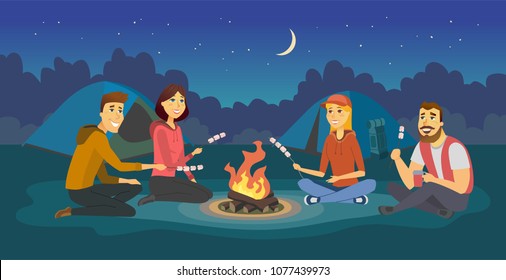 Friends on a camp - cartoon people character illustration. Happy smiling men and women sitting by a fire, preparing marshmallows in the night, having fun