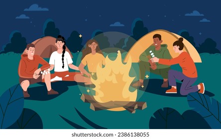 Friends on camp. Men and women with marshmallow near bonfire. Active lifestyle and leisure outdoor, hiking and camping. People at night near colorul tents. Cartoon flat vector illustration